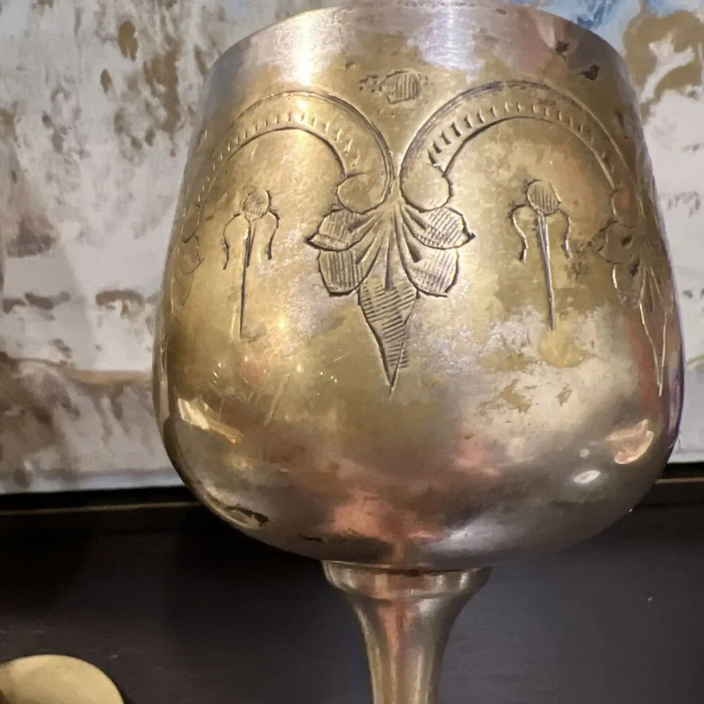 Vintage Antique Silver Plated Brass Wine Goblet Kiddush Cup/ See Details